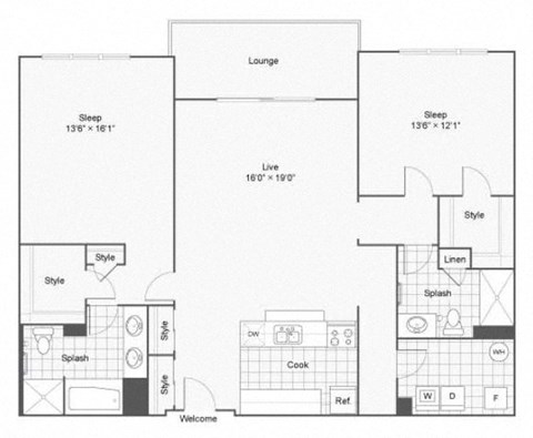 Floor plan for 2 beds, 2 baths, 1403 sqft